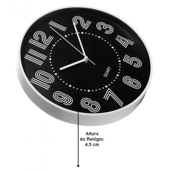 Relógio De Parede 30,5cm Por 4,5cm Quartz De Plástico Branco com Preto